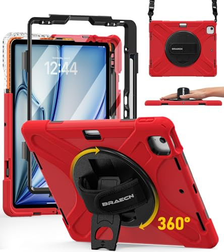BRAECN für iPad Air 13 Hülle - 13 Zoll M4/M3/M2 2026/2025/2024 Rot | Stoßfeste Robuste Tragbare Schutzhülle mit Displayschutz, Stifthalter, 360° drehbarer Ständer und Handgurt, Schultergurt