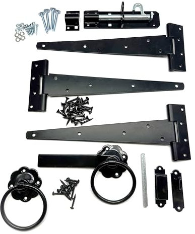 Heavy Duty Garden Gate Black Hinge Pack. 3X 12 Tee Hinges, Ring Latch, Padbolt & All Fixings. Hanging Kit for Garden Gates and Doors. Corrosion and Weather Resistant Hinge Set.