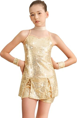 Mulnall Mädchen Pailletten Tanz Kleidung Sparkle Dance Kleid für Kinder Brust Mesh Ärmellos Top und Shorts Jazz Hip Hop Latin Shiny Anzug Outfits Kostüm(0437-05-XXL)
