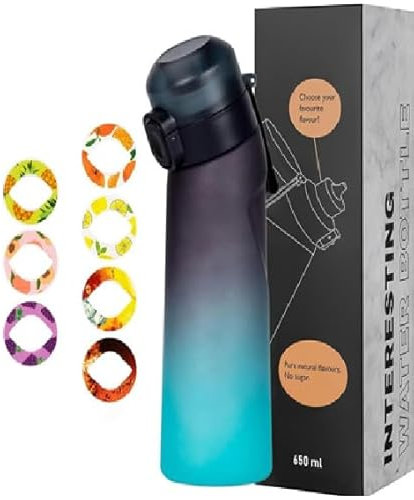 Air Bottiglia d'acqua con 7 Cialde Aromatiche, 650ML Senza BPA Borracce Tritan Cialde Aromi Frutta Profumate Borraccia Prova di Perdite 0 Calorie 0 Zucchero Tazza d'acqua con Cannuccia(Blu e Nero)