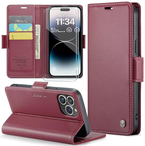 FERLAN Funda para Xiaomi Redmi Note 12 4G + 2 Piezas Cristal Templado,Compatible con Carga inalámbrica, con Bloqueo RFID, Hebilla Magnetica, Ranuras para Tarjetas,Borgoña