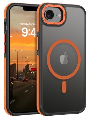 VENINGO Magnetic for iPhone 16e 6.1 inch Case,Compatible with Wireless Charging Matte Translucent Shockproof Protective Phone Case with Side Grippy Stripes, Orange