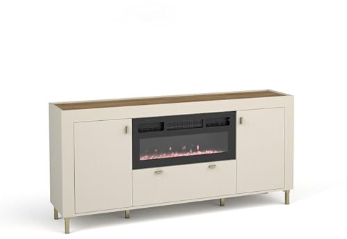 BETTSO - Kommode 177x40, Highboard Mossa, auf Metall Beinen, 6 geräumige Einlegeböden, Geriffelte Front, 177x40x84cm - Beine Gold - Kommode Kaschmir Beige - Kamin mit Heizfunktion