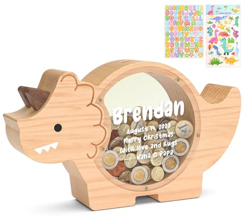 Summidate Dinosaurier Sparschwein aus Holz für Kinder und Jungen, süße Dino Spardose aus Holz für Kleinkinder, kreatives Sparschwein, personalisiertes Geschenk für Kindergeburtstag und Dekoration