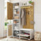 Rvjiahe Garderoben-Set, Kleiderschrank-Set mit Spiegel, 5 goldenen Kleiderhaken, Schuhschrank, Wandgarderobe, oberem Stauraumfach, Sitzbank (White + Wood, 110 L x 38 B x 190 H)