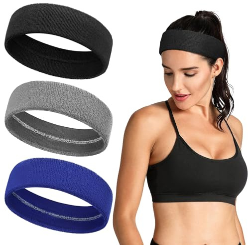 Tumurup Schweißband Stirn, Sport Stirnband Herren Damen Schweißabsorption Atmungsaktiv Stirnbänder Antirutsch Schweißbänder Kopf Elastisch Haarband für Laufen Tennis Gym 3 Pcs