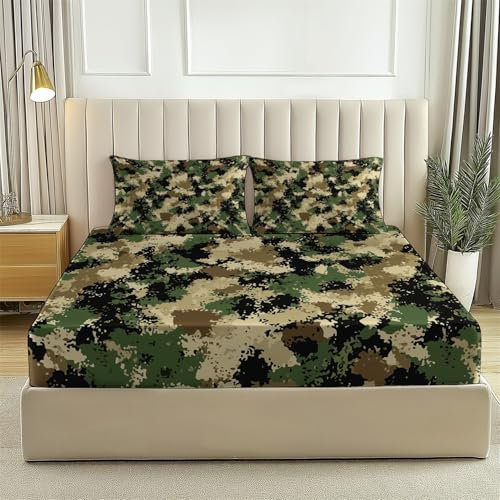 Erwachsener Spannbettlaken Set 200 x 200 cm Weiche Atmungsaktiv Microfaser Druck Spannbetttuch Militär Camouflage Melierte Textur für Kinder Mädchen Teens Grün Spannbettlaken Set mit 2 Kissenbezug