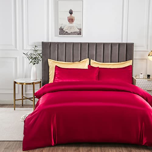 Morbuy Satin Bettwäsche 135x200, Kühlende Bettwäsche Rot Bettwäsche-Sets Seidig Bettbezug 135 x 200 mit Reißverschluss, 1 Kissenbezüge 80x80