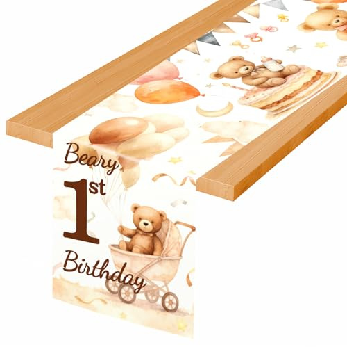 Tischläufer Geburtstag,Tischband für Geburtstagsdeko 1 Jahr Happy Birthday | Tischdecke Happy Birthday Deko Teddybäre Tischdeko für 1 Jahr Geburtstag Junge Mädchen,180 x 34 cm Tischband