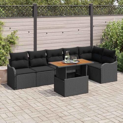 Bucmath Garten-Sofa-Set mit Stauraum, 7-teilig, Schwarz, Poly Rattan, modular, für Terrasse und Balkon, wetterfest, für 6 Personen