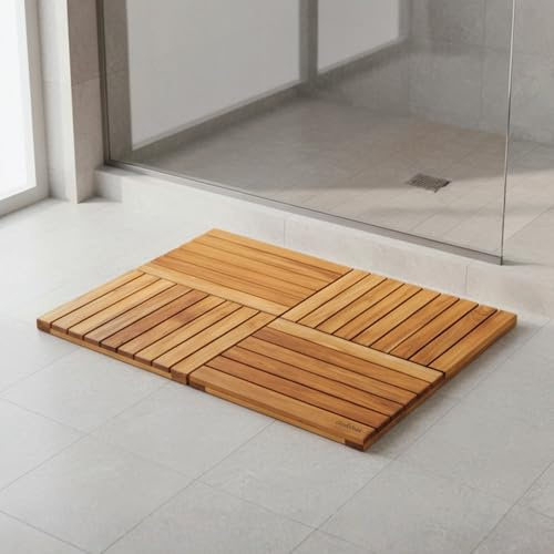 GREENTEAK Premium Duschmatte, faltbar, massives Teakholz, 81,3 x 53,3 cm | Für Badezimmer, Sauna, Pool, Garten & Außenduschen | Schnellentwässerung, kein Poolen, flach zusammenklappbar