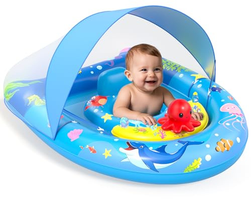 Baby Swimming Float,Baby Pool Float with UPF50+ Sun Canopy,Inflatable Baby Swim Float,Toddler Pool Swimming Float for 6-36 Months,Adjustable Safety Seat Baby Swim Ring for 6 9 12 18 24 36 Months Boy