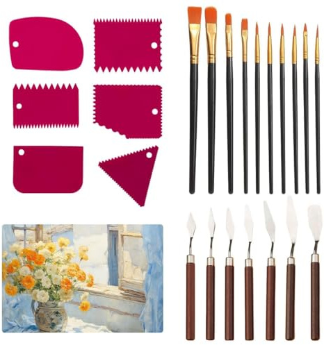 23 Pieces Pallet Knife Painting Tools Painting Knife Set | 7 Stainless Steel Palette Knives, 6 Acrylic Spatulas, 10 Bristle Brush Sets for Oil Painting, Gouache, Rock Painting