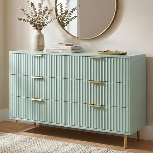 Blisswood 6 Drawer Chest of Drawers, Modern Fluted Painted Dresser with Gold Handles & Legs, Wide Wooden Storage Cabinet with Large Top Surface for Bedroom Living Room, Hallway & Entryway_Sage Green
