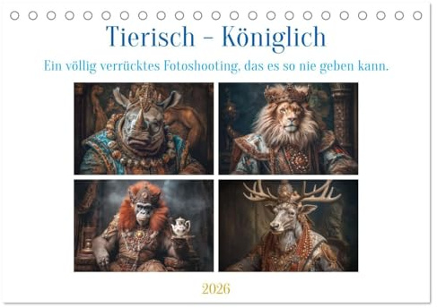 Tierisch - Königlich (Tischkalender 2026 DIN A5 quer), CALVENDO Monatskalender: Ein tierisches, surreales Fotoshooting, das es so nie geben wird und ... ein Lächeln zaubern soll. (CALVENDO Tiere)