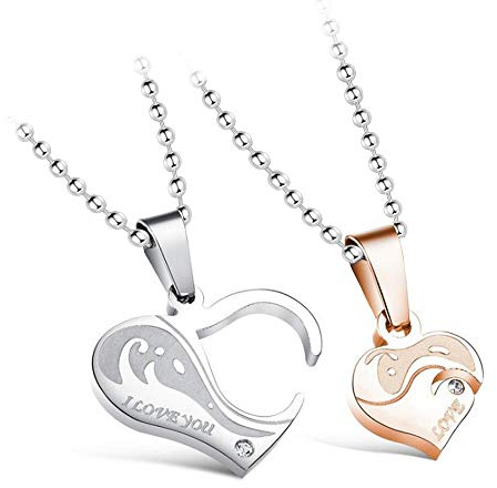 Uloveido Titanium Edelstahl Herren Damen Paare Halskette Anhänger eingraviert Love You - 2 Stück Seine und Ihre Liebe Herz Puzzle Passende Kugelkette Halsketten Schmuck-Set SN922 (Weiß und Gold)