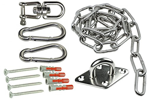 KAMERO Edelstahl V4A, Set Boxsack Aufhängung, Länge 100cm, Set bestehend aus Wandhaken, Karabiner, Drehwirbel, Kette, Karabiner und Befestigung, belastbar bis 230kg, rostfrei