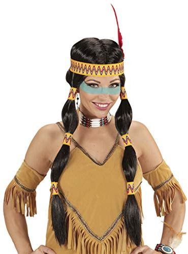 NET TOYS Indianer-Frau Perücke mit Stirnband & Federschmuck | Schwarz-Gelb | Außergewöhnliches Damen-Kostüm-Zubehör Faschingsperücke Indianerin | Bestens geeignet für Fasching & Karneval