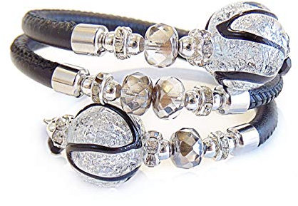 VENEZIA CLASSICA - Damen-Armband mit Perlen aus Muranoglas und echtem Toskana Leder, Kollektion Aida, Modell Contrarie, Schwarz, Silberblatt