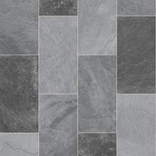 247Floors Forli Tile Effect Vinyl Flooring 2.3mm Realistic Foam Backed Slip Resistant Lino (5m x 4m / 16ft 4 x 13ft 1, Grey Stone Tiles)