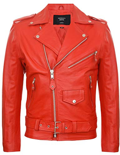 Infinity Leather Giacca da Motociclista da Uomo in Pelle Rosso con Logo Brando 4XL