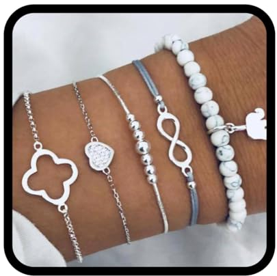 Yean Boho geschichtet Crystal Armband Set Silber Herz Armbänder mit Elefanten verstellbaren Perlen Hand Zubehör für Frauen und Mädchen 5er Pack