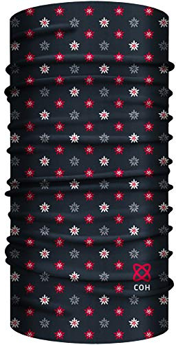 Edelweiss Design Bandana, nahtloses Multifunktionstuch 25 x 50 cm aus weicher Mikrofaser/atmungsaktiv Schlauchschal Halstuch Schal Tuch/Berge Alpen Bayern Tirol Blume (Schwarz Rot)