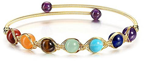 JSDDE 7 Chakra Crystals Bracelet 14K Gold Reiki Healing Crystal Gemstone Bangle Cuff Bracelets for Yoga Meditation