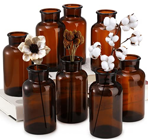 TOPZEA Set mit 8 bernsteinfarbenen Glasvasen, kleine Knospenvasen, Blumenvasen, dekorative Glasflaschen, Vintage-Apothekergläser für Heimdekoration, Hochzeit, braune Medizinflaschen