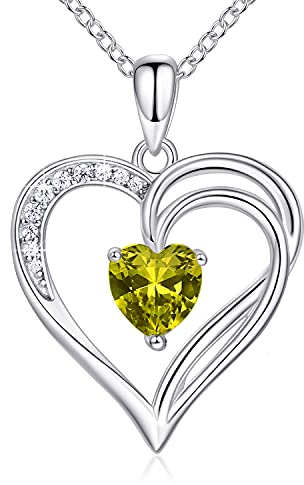 AM ANNIS MUNN 925 Sterling Silber Kette Herz Halskette Damen Geburtsstein Halskette für Frauen Doppelherz Kette Silber Schmuck Damen Geschenke für Frauen Mama Freundin (08-Peridot)