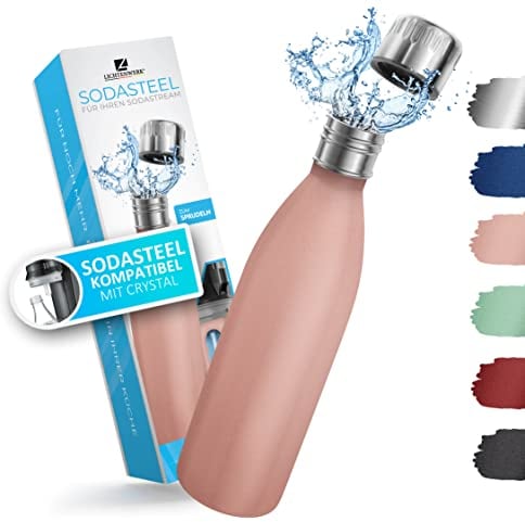 LICHTENWERK® Premium Edelstahl Flasche 0,6L [EINFACH MITNEHMEN] kompatibel mit SodaStream Crystal - Kohlensäure geeignet - Spülmaschinenfest - Edelstahl Trinkflasche - Rosa Pulverbeschichtung