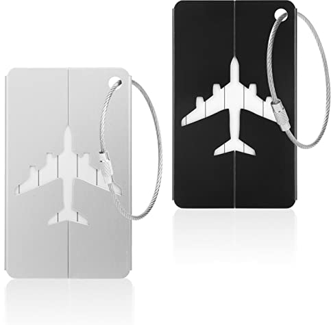 Vicloon Kofferanhänger, 2 Stück Koffer Aluminium Gepäckanhänger, Adressschild Namensschilder,Wasserdichte Tags zum schnellen Auffinden von Reisetaschen- Schwarz + Silber