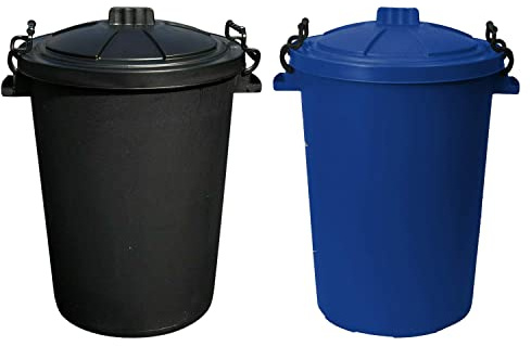 Set Of 2: 50L Clip Lock Storage Bins - Large, Heavy Duty Plastic Kitchen, Garden, Compost & Animal Feeding Bins - Made in UK. (Blue, Black)