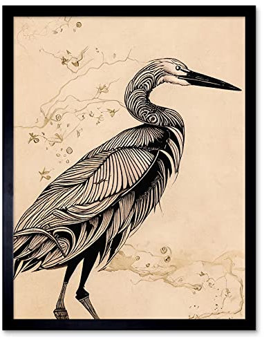 Doppelganger33 LTD Heron Bird Simple Ink Illustration Art Print Framed Poster Wall Decor 12x16 inch