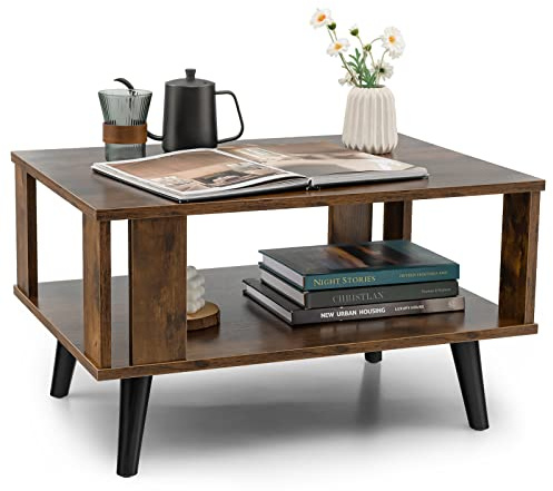 GIANTEX - Mesa de centro industrial retro con estante de almacenamiento, mesa de cóctel moderna de mediados del siglo para salón, sala de recepción, oficina, marrón rústico