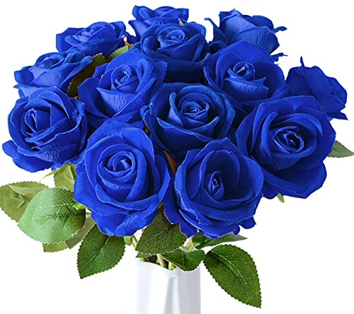 12 Stück Künstliche Rosen Blau, 51cm Kunstblume Rosen mit stiel wie echt Einzelstiel Blumensträuße Schön Gefälschte Flowers Braut Hochzeit Bouquet Künstliche Seide Rose Blumen Hochzeit Sträuße