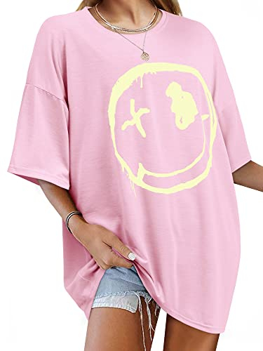 WIEIYM T-Shirt Damen Oversized Casual Tshirts Bedrucken Rundhals Kurzarm Oberteile Basic Lose Sweatshirt Tops,Rosa,2XL