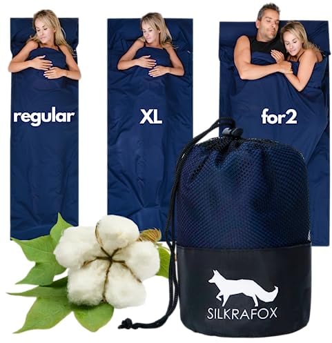 Silkrafox Saco de dormir de algodón con cremallera y compartimento para cojín, ideal como saco de dormir de verano ultraligero para viaje, pequeño, fino, ligero, con bolsa, color azul