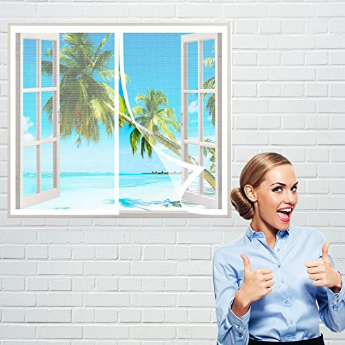 Magnet Fliegengitter Fenster 95 x 115 cm, Insektenschutz Polyester Atmungsaktiver Masche, Auto Schließen Faltbar für Windows/Wohnzimmer Fenstern, Weiß