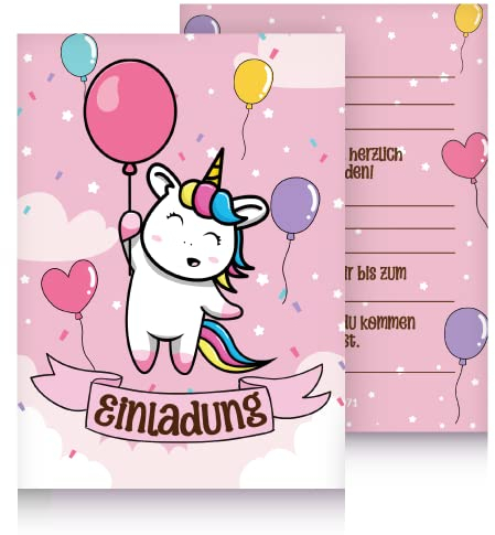 Jean-Philippe Dietz® 12 Einhorn Einladungskarte für Kindergeburtstag oder Partys - Kinder Geburtstagseinladungskarten - Einladungen zum Geburstag für Mädchen (Fliegender Luftballon)