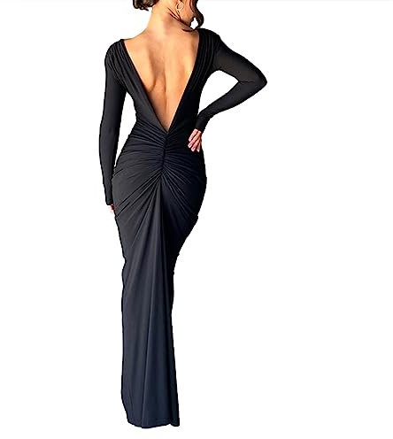 Loalirando Abito Lungo Donna Senza Schienale Elegante Manica Lunga da Cerimonia e Festa Bodycon Scollo a V Profondo per Sera Cocktail (Nero, S)