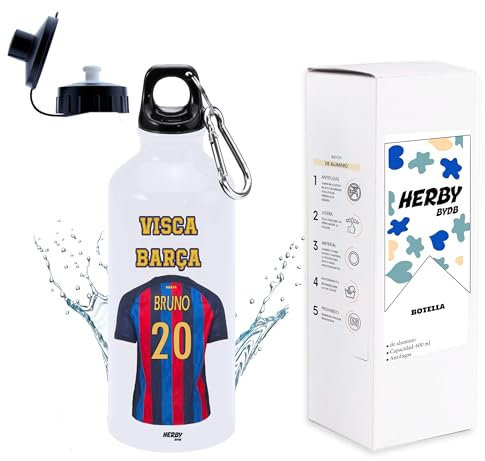 Botella de agua del barça personalizado con nombre, bidón de aluminio del barça, cantimplora del barça para niños de 600 ml con dos tapones, regalos personalizados del barça para niño (Barça)