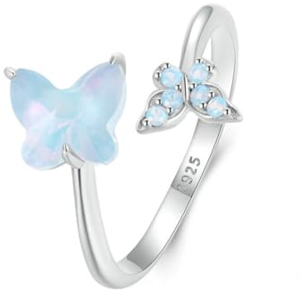 VELESAY 925 Silber Opal Ringe für Damen Frauen Verstellbar Zirkonia Schmetterling Ring Eheringe Verlobungsring Ewigkeitsring Offener Schmetterling Opal Ring