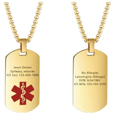Amsgedhie Collar de alerta médica personalizado con etiqueta roja de identificación de emergencia de acero inoxidable, 60 cm de longitud de cadena, unisex (Oro)