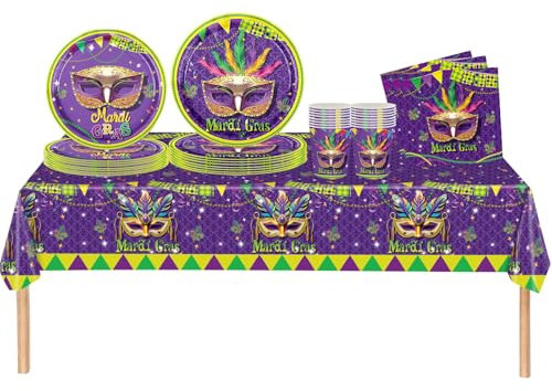 Mardi Gras Mask Decorations & Tableware Set - 69pcs Purple Dinnerware for Mardi Gras Party
