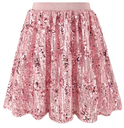 Rolanko Gonna di Paillettes per Ragazze Vita Elastica Skorts Brillantinati Plissettati con Fodera per Danza Bambini Festa di Compleanno da Principessa, Rosa, Taglia: 6-7 anni/130