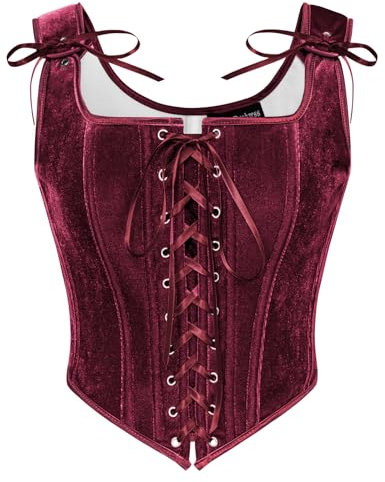 SCARLET DARKNESS Cottagecore Crop Top für Damen Quadratischer Hals Einfarbig Country Korsett Rotwein 44
