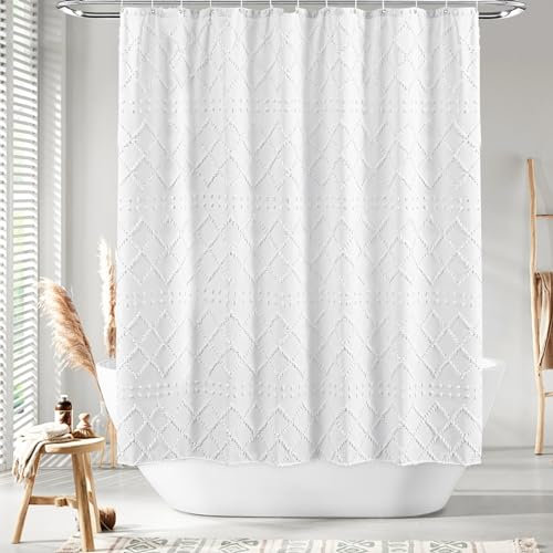 AIBIIN Boho-Duschvorhang, weiß, getuftete Texturen, Duschvorhang, Bauernhausstoff, Duschvorhang, modern, elegant, Badezimmer-Dekor, wasserdicht, mit 12 Haken, 180 x 180 cm