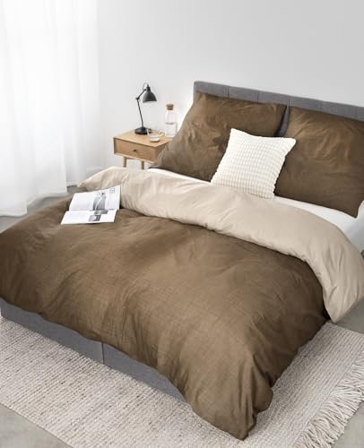 lionto dibea Renforcé-Wendebettwäsche aus 100% Baumwolle, 155x220 cm, Kissenbezug 80x80 cm, 2-teilige Bettwäsche zu jeder Jahreszeit, pflegeleicht und formstabil, inkl. Oeko-TEX Zertifikat, braun