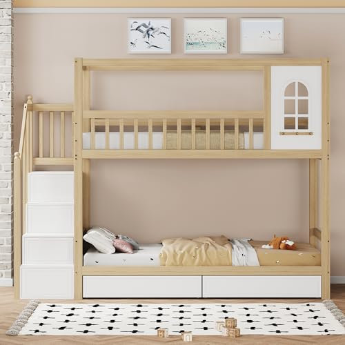 Etagenbett Kinderbett 90x200cm, Massivholz Doppelbett, Hausform mit Fenstern, Sicherheitszaun-Design, Mit Aufbewahrungsschubladen und Sicherheitsleiter, Jungen-Mädchen-Bett, Teenager-Bett (Holzfarbe)